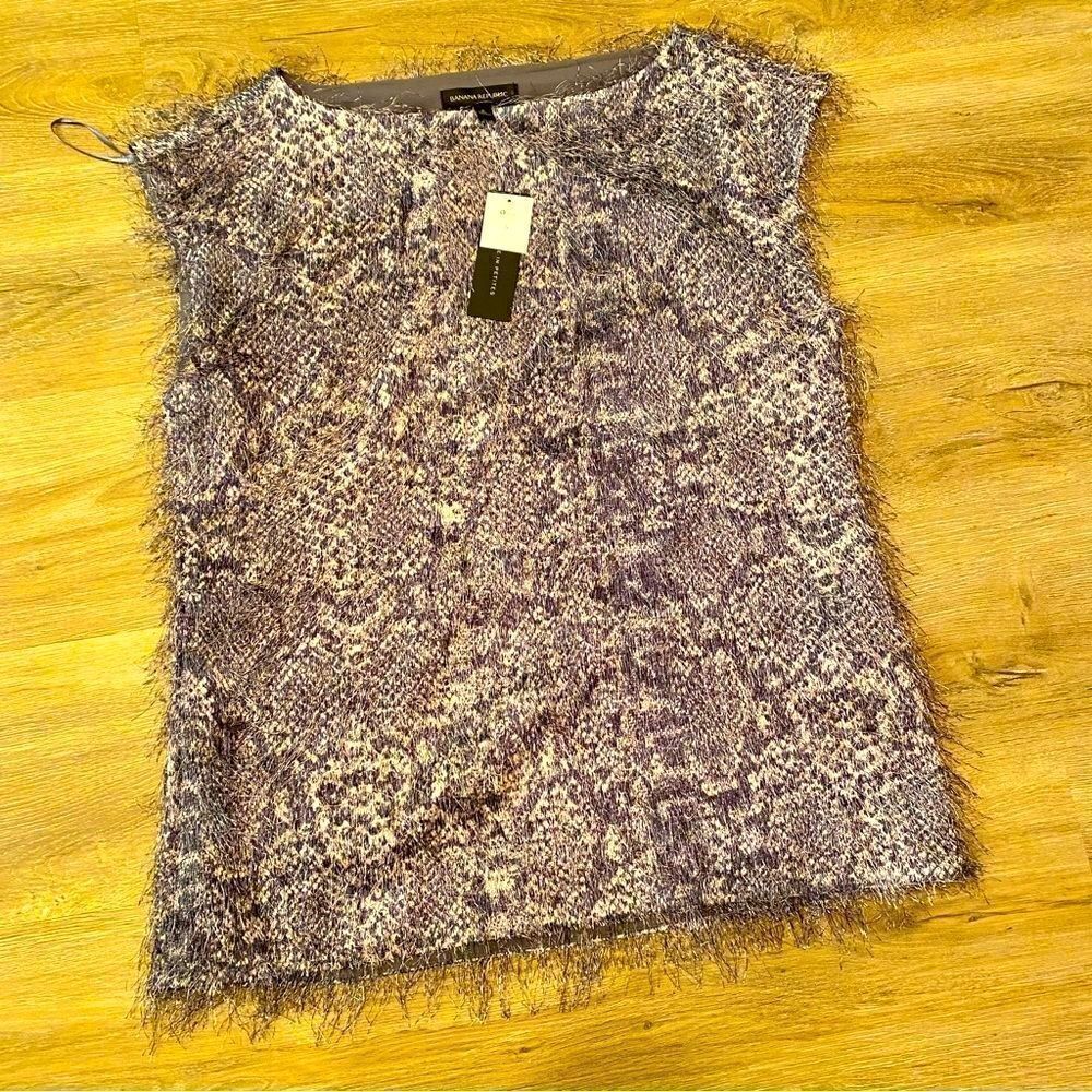 BANANA REPUBLIC ABSTRACT SNAKE SKIN PRINT FRINGE EYELASH BLACK & GRAY TOP S NWT